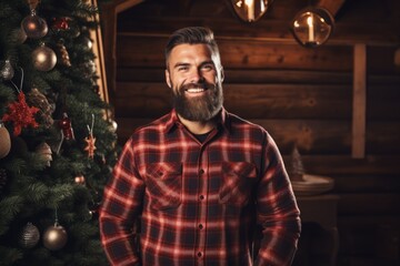 Cheerful bearded man in festive red-green plaid shirt against a rustic wooden background celebrating Christmas - obrazy, fototapety, plakaty