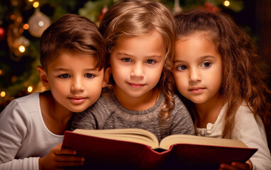 Three children read a Christmas storybook