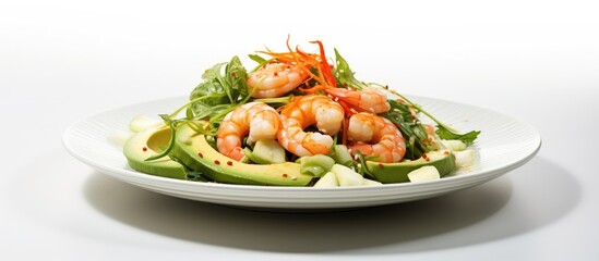 In a Japanese restaurant with a white background a beautifully plated Asian salad made with green vegetables avocado and fresh seafood is served for dinner