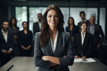 Female CEO confidently leading diverse boardroom meeting in office Women in top executive positions - obrazy, fototapety, plakaty