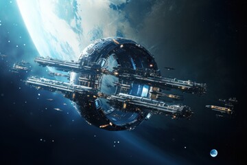 Futuristic space station orbiting a planet in a distant galaxy.