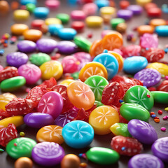 Colorful candies are falling on the tabletop, forming a colorful mound.