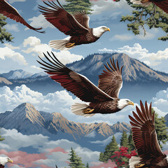 Obraz premium Eagles cartoon repeat pattern, hawk bird nature art