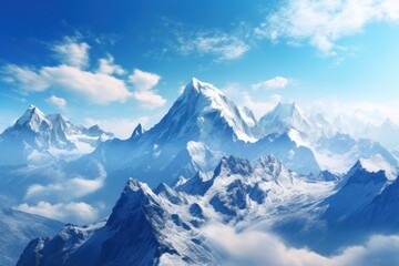 Majestic mountain range with snow-capped peaks and a clear blue sky.