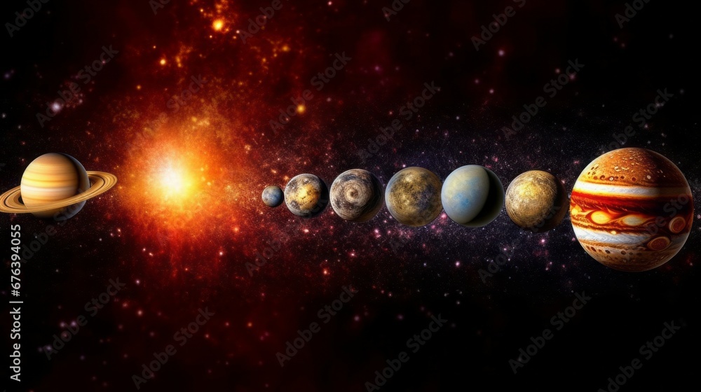 Poster solar system with planets, stars and galaxies in a free space. planets in space. solar system. scien
