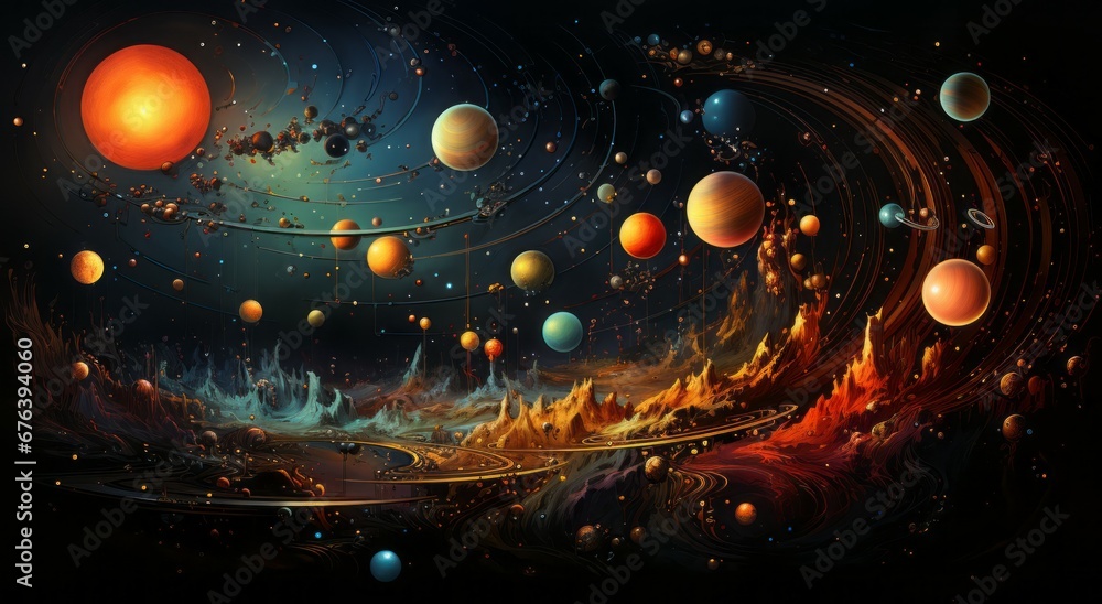 Poster solar system with planets, stars and galaxies in a free space. planets in space. solar system. scien