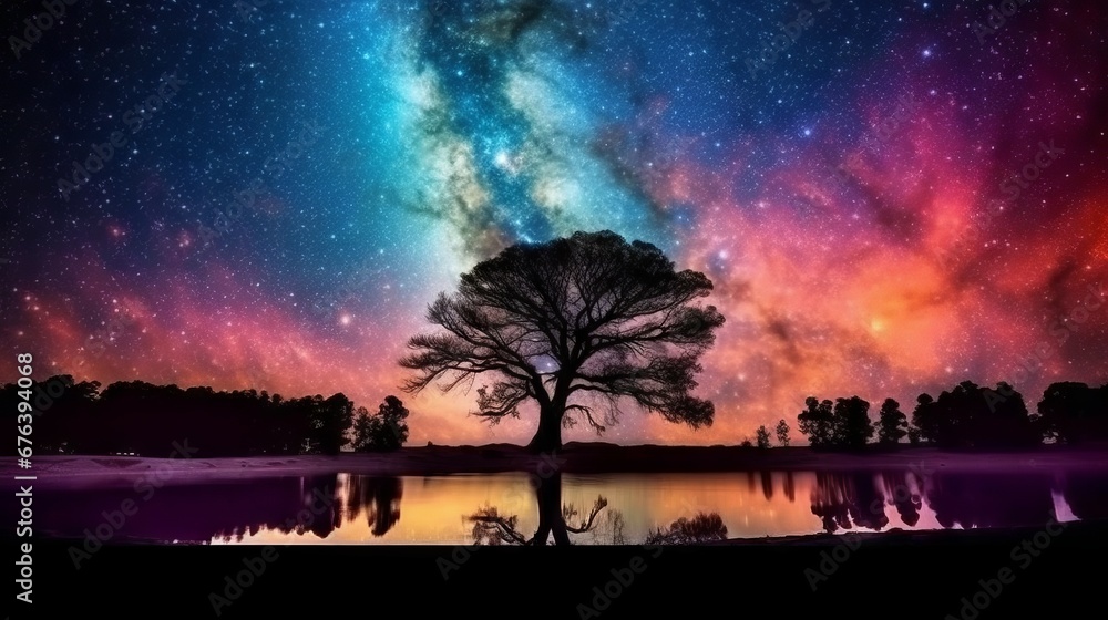 Poster milky way over a lake with a tree and reflection in it. tree on the background of the starry sky and