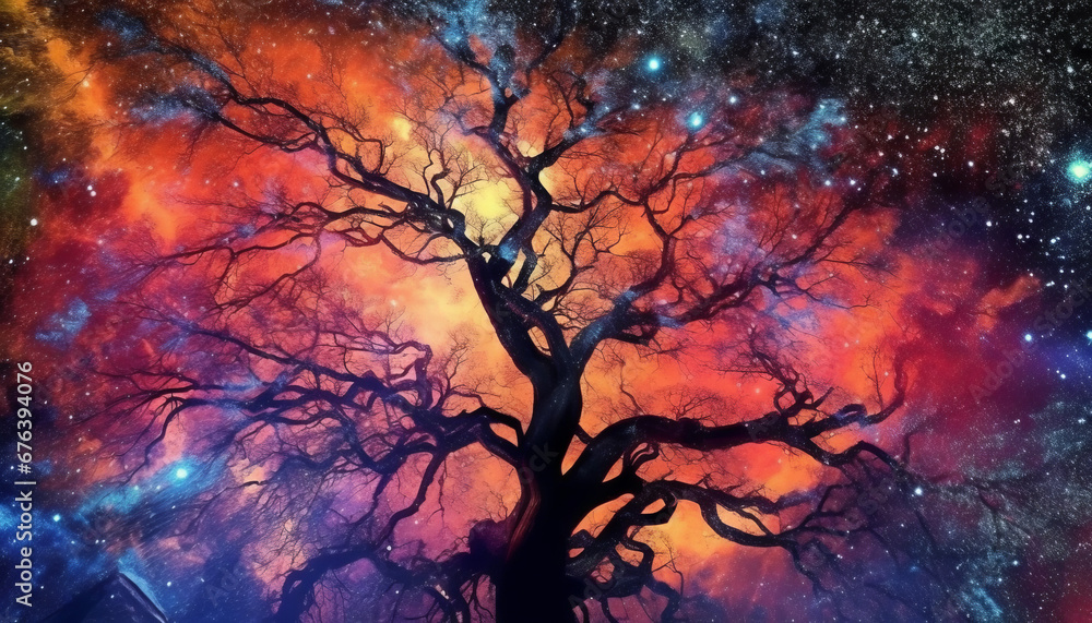 Canvas Prints tree on the background of the starry sky and milky way. abstract image of a big tree at night with s