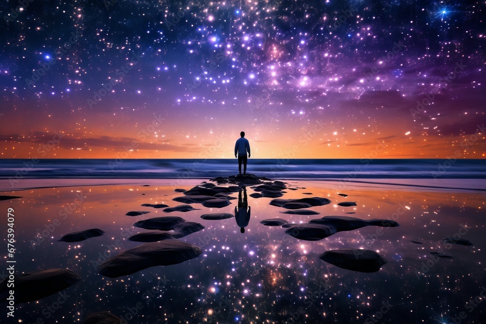 Canvas Prints man standing on the beach and looking at the starry sky. human standing on a rock in the sea with st