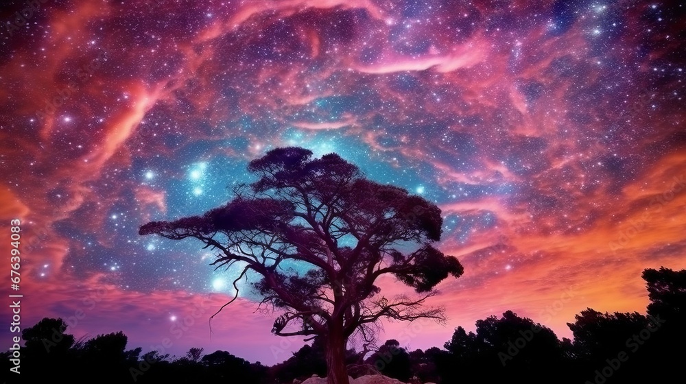Canvas Prints tree on the background of the starry sky and milky way. abstract image of a big tree at night with s