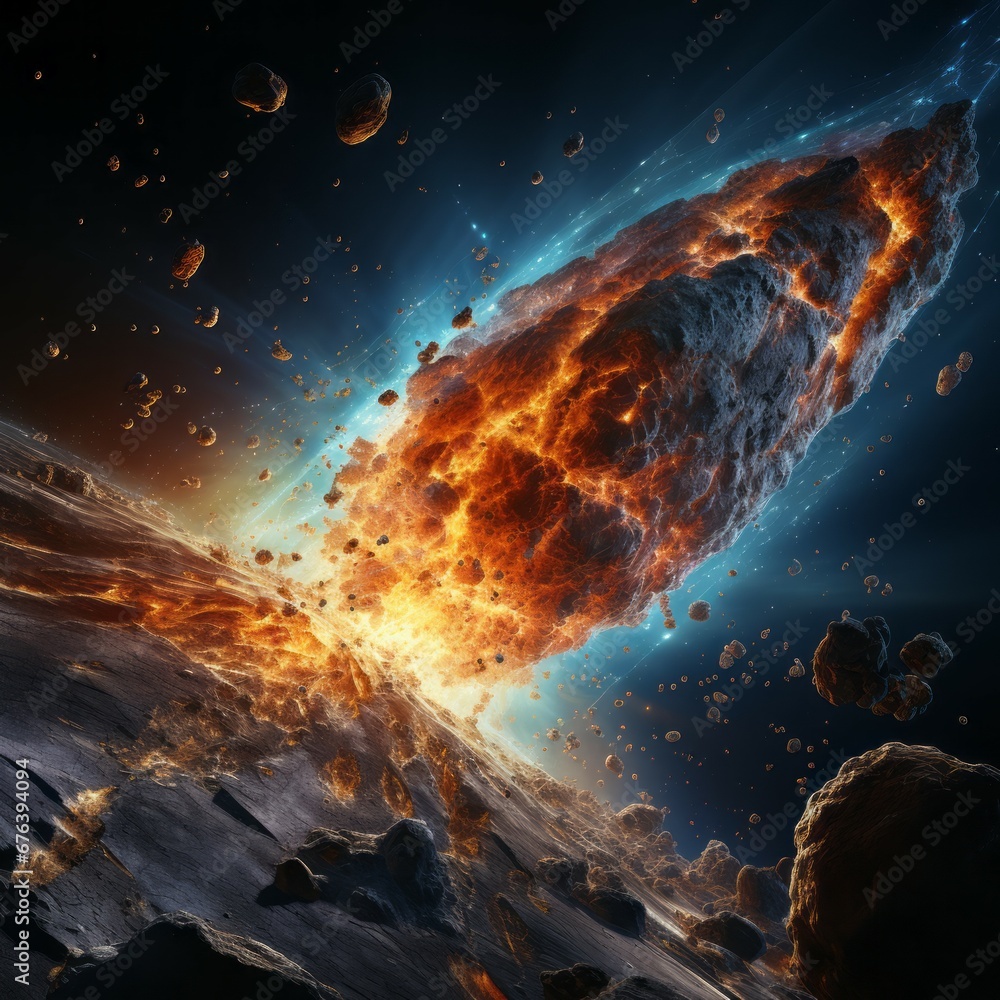 Wall mural abstract 3d rendering of collision burning asteroid in outer space with planet. massive cosmic aster