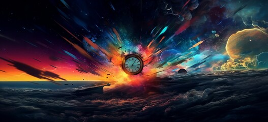 Time is running out of time. Time is running out concept. Abstract background with clock and fire effect, 3d render illustration. Fantasy landscape with a clock with colorful background - obrazy, fototapety, plakaty