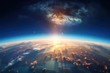 Zelfklevend Fotobehang Planet Earth with sunrise in space. © Bijac