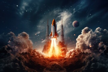 Rocket launch into deep space with fiery thrusters. - obrazy, fototapety, plakaty