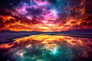 Fototapeta na wymiar Beautiful fantasy landscape with starry sky and reflection in the water. Fantasy colorful landscape with a lake and stars in the sky at night. Landscape with milky way and reflection in lake at sunset