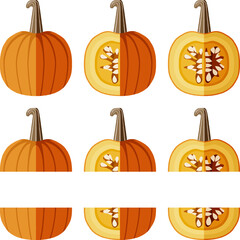 Set of Sugar Pie Pumpkins. Winter squash. Cucurbita pepo. Fruits and vegetables. Flat style. Isolated vector illustration.