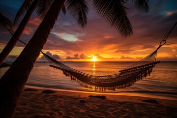 Serene beach sunset with hammock between palm trees.
