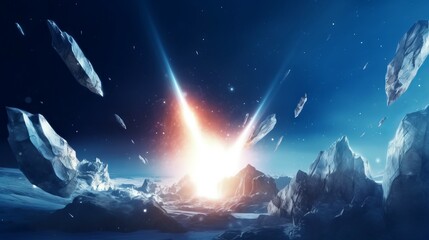 Obraz na płótnie Canvas Explosion in space. Fantasy cosmic landscape with ice floes, ice falling asteroids and sun. 3d rendering. Fantasy landscape with icebergs and comet in the night sky