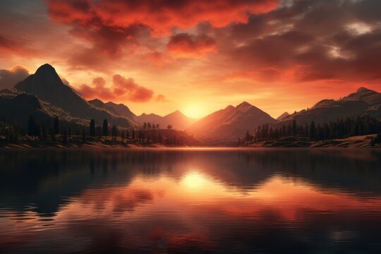 Panoramic sunset over a tranquil mountain lake.