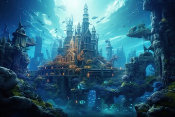 Underwater city on an ocean planet with exotic marine life. - obrazy, fototapety, plakaty
