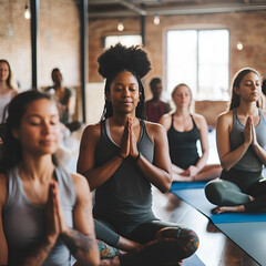 Women of diverse races come together in a yoga studio to learn how to perform exercises that help them collectively reduce stress and anxiety. - obrazy, fototapety, plakaty