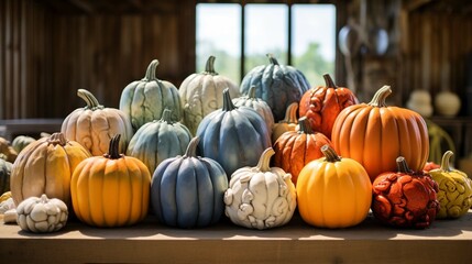 Assorted colorful plaster pumpkins for fall harvest. create using a generative AI tool 