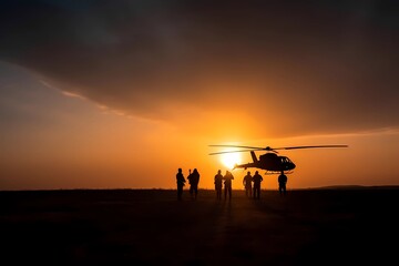 Fototapeta na wymiar Military operation mission on silhouette sunset in field. Soldiers army forces with helicopter in battlefield. Epic war patriotic concept. Releasing hostages by warrior commando navy. Generative AI