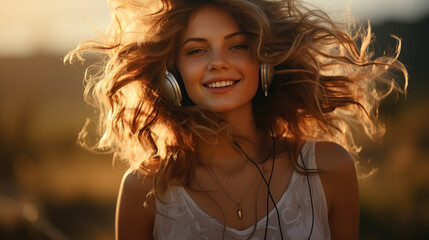 woman dancing in the field and listening music in headphones. Golden sun rays shine on attractive...