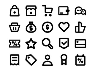 E Commerce Icon Pack in Outline Style. Perfect for Websites, Landing Pages, Mobile Apps, Presentations, and Other Projects. Suitable for User Interface and User Experience UI UX.