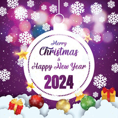 Merry Christmas and Happy New Year 2024 typographical on purple background with Gold glitter texture. Vector illustration for golden shimmer background. Xmas card. Vector Illustration.