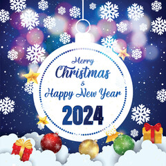Merry Christmas and Happy New Year 2024 typographical on Blue background with Gold glitter texture. Vector illustration for golden shimmer background. Xmas card. Vector Illustration.