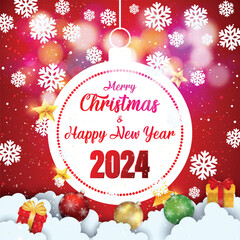 Merry Christmas and Happy New Year 2024 typographical on red background with Gold glitter texture. Vector illustration for golden shimmer background. Xmas card. Vector Illustration.