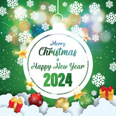 Merry Christmas and Happy New Year 2024 typographical on green background with Gold glitter texture. Vector illustration for golden shimmer background. Xmas card. Vector Illustration.