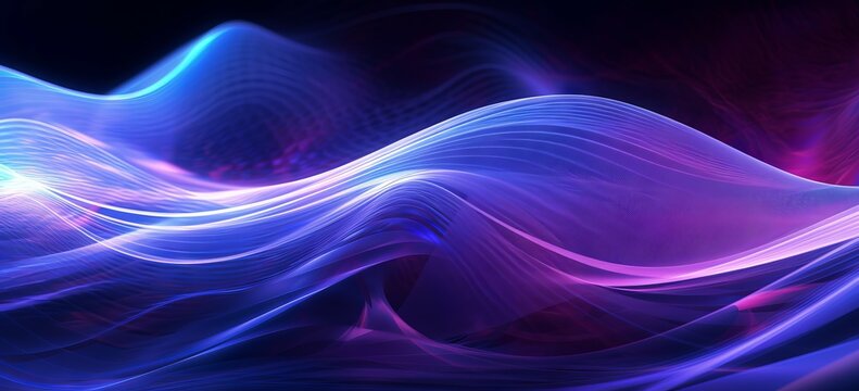 Abstract 3d rendering of waves in cold colors in a dark space. Abstract background with bright waves on a black background. Bright colorful soundwave pattern. blue and purple art of wavy patterns.