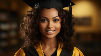 Pretty African american woman with black hair graduate bechalor degree.Education successful university college woman smiling achievement Academic graduate.Isolated person yellow blackgrounddesign