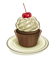 Vector logo for Chocolate Cupcake, square poster with illustration of fudge cupcake with amarena cherry on twisted milk cream for cafe menu, mini wedding cupcake on dish, isolated on white background