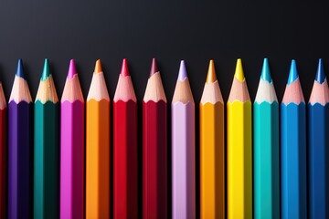 Colorful pencils on black background, close-up, Ai Generated