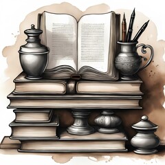 ink painting of antique books, old book and a candle, gavel and books