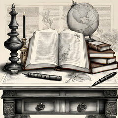 ink painting of antique books, old book and a candle, gavel and books, book and pen on the table