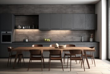 3D rendering of a contemporary dark gray kitchen with white wood backsplash. Table with chairs