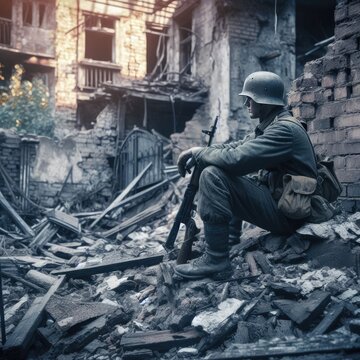 soldier  in the middle of a destroyed building