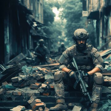 soldier  in the middle of a destroyed building