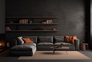 Interior background of a cozy dark living room