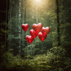 Love in Nature: a Crimson Heart Shaped Balloons in Forest