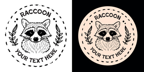 Raccoon illustration vintage round badge with text space. Critters and wildlife lovers design for printable products. Minimalist ink drawing retro aesthetic.