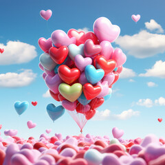 Colorful heart-shaped balloons soar mid-air, bringing joy and happiness