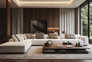 Room in a modern style with wooden walls. large window with curtains, wooden stand with decorative figure