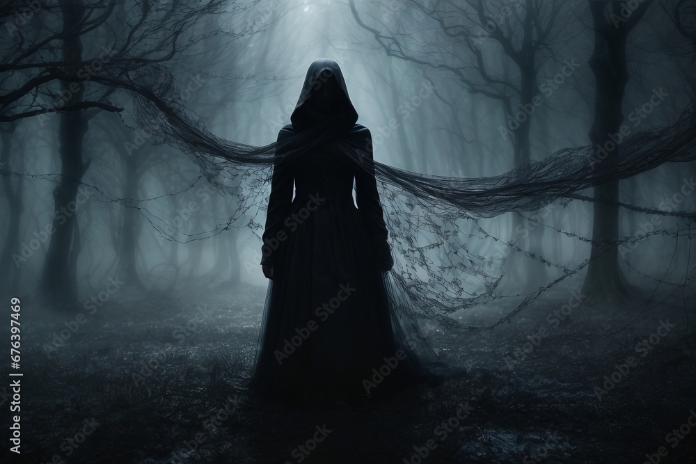 Poster silhouette of a witch in the middle of the woods