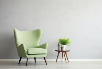 Light green wingback chairs contrast with white walls and large art poster frames