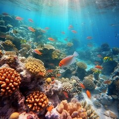 Naklejka na ściany i meble Beautiful coral reef with colorful tropical fish in the water. Vivid Underwater world with corals and tropical fish.